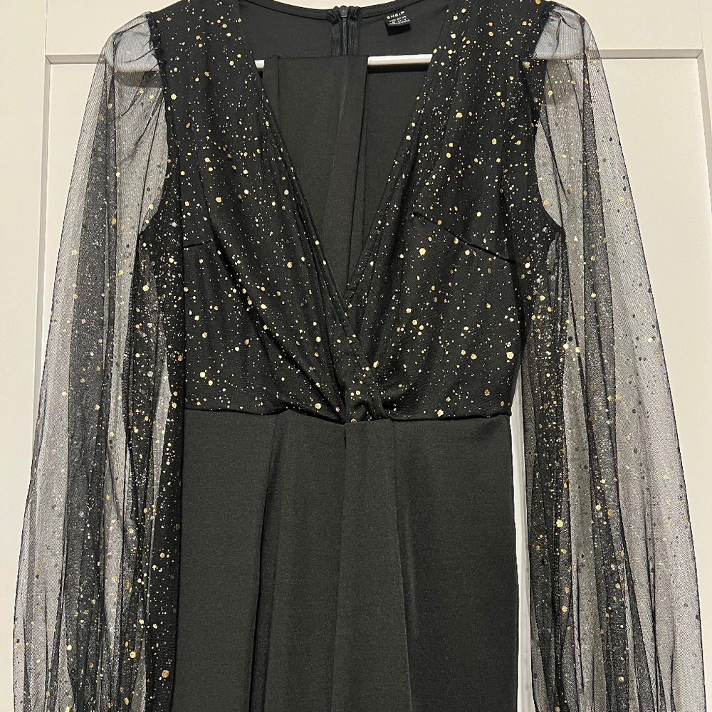 SHEIN Clasi Mesh Insert Lantern Sleeve Back Tie Jumpsuit